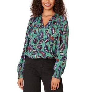 Democracy Women's Petite Surplice Blouson Top in Emerald Teal Feather Print